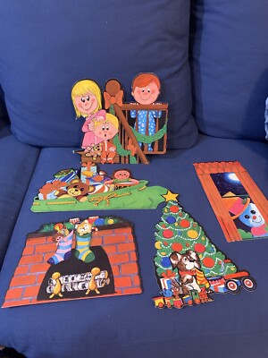 Vintage Die Cut Christmas Decorations Lot 5 Flocked Felt Fuzzy Chimney Tree Kids