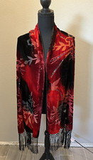 Vtg Burnout Velveteen Shawl Red Multicolor Beautiful NOS 72 in long plus Fringe