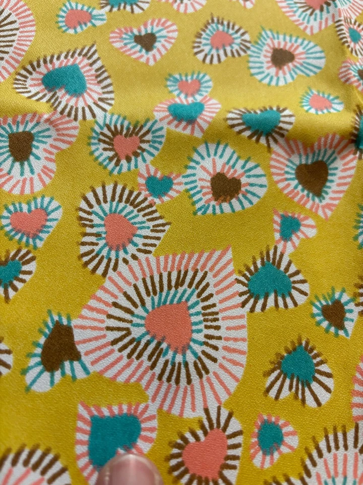Vintage 60s 70s Sateen Mustard Hippie Love Hearts Mod Gogo Fabric Remnant 44x52 - Image 2 of 4