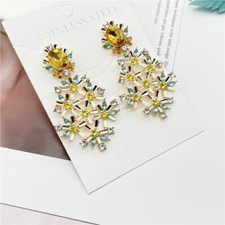 Golden Daisy Dangling Earrings w Blue, Yellow  Clear Crystals