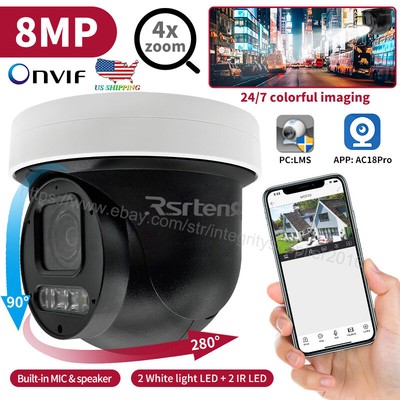 Rsrteng 4X Zoom 8MP PTZ IP Camera Full Color Built-in Mic Speaker Security USA