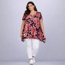 Wine Floral Crepe Hanky Hem Swing Top