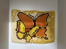 BUTTERFLY LATCH HOOK RUG WALL HANGING VINTAGE COMPLETED HANDMADE
