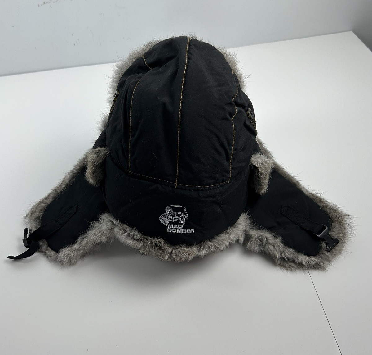 Mad Bomber Men's Real Rabbit Fur Hat with Ear Cover Flaps - Black