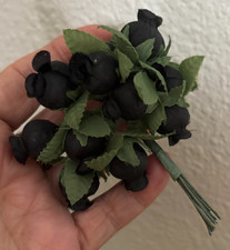 Vtg Korea Bunch of 12 Black Mini ROSEBUD Wired Stem ROSES Millinery Silk Floral