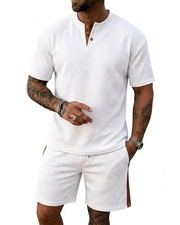 Men's Short Sets 2 Piece Outfits Summer Textured Short Sleeve Shirt Drawstrin...