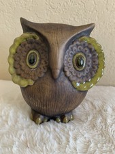 Vintage MCM Otagiri Japan Big Eyes Owl Figurine Ceramic w/Green Glazed Trim