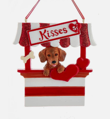 KURT ADLER 4'' RESIN TAN DACHSHUND DOG KISSES KISSING BOOTH CHRISTMAS ORNAMENT