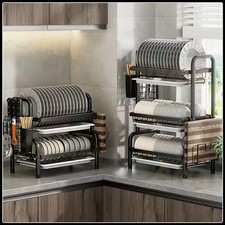 2/3 Tier Kitchen Sink Dish Drainer Rack With Drip Tray Cutlery Holder Plate Rack