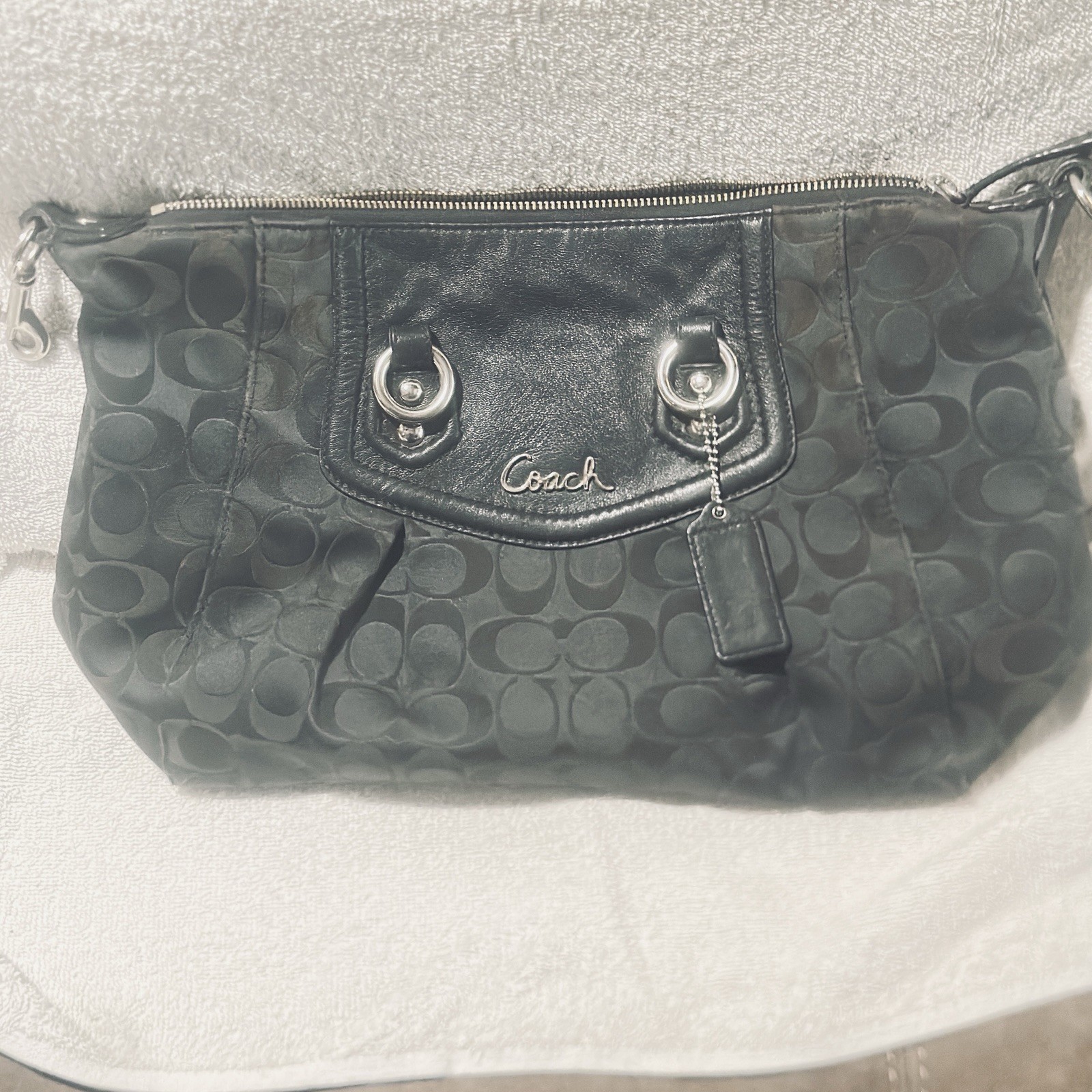 Coach Black Signature Logo Medium Crescent Shoulder Bag Silver Hardware Zip