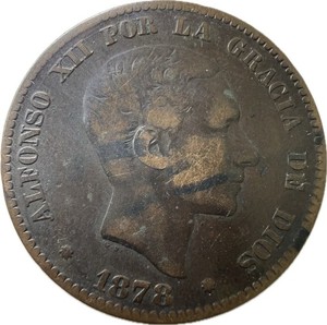 Spain 1878 10 Céntimos (Peseta) Coin Alfonso XII Circulated Uncertified BN