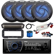 Pyle BT Marine Stereo Receiver, BT Amp, 4X 6.5" LED Black Speaker, Accessories