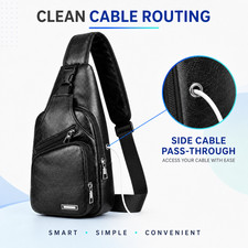 Men  s Sling Bag PU Leather Crossbody Chest Backpack USB Charging Port Black