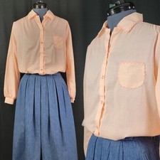 Vintage Land 'N Sea Peach Blouse w Embroidered Collar Patch Pocket Size M/L