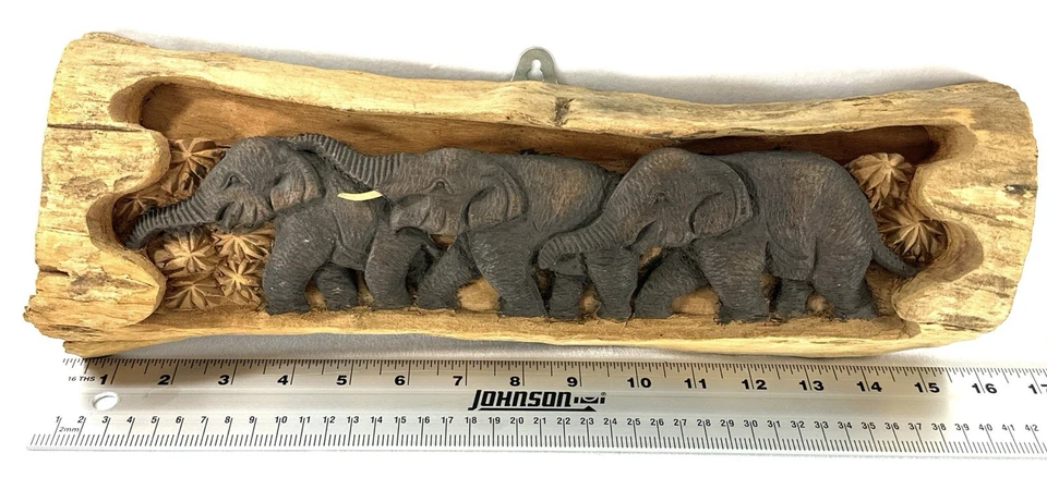 "Escultura rústica de madera tallada a mano de arte de pared de elefante decoración Bangkok 2004 16""" Foto 3 de 4