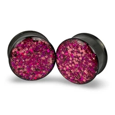 Black Steel Plugs Embedded Pink and Purple Chunky Glitter (EMB-037) gauges pair