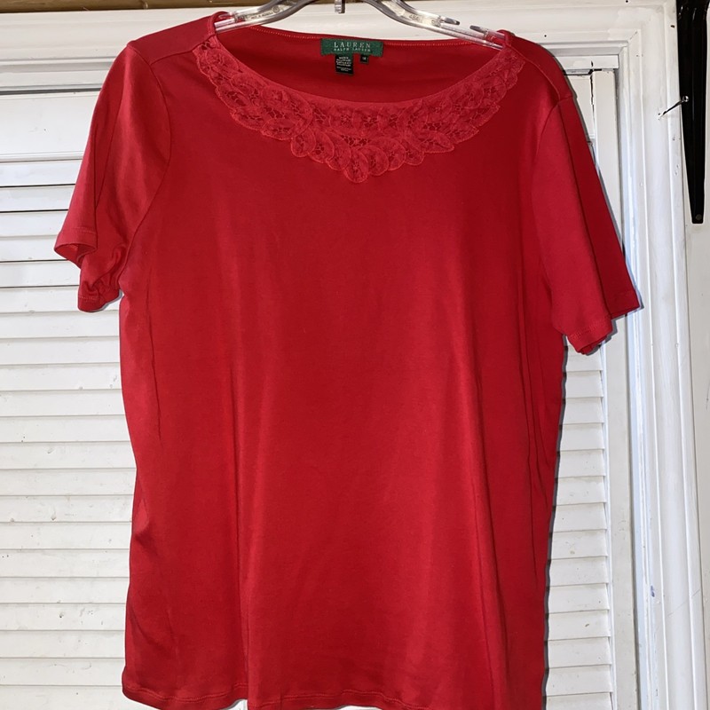 Vintage Ralph Lauren Red Knit Blouse with Lace Neckline Women’s Size 1X
