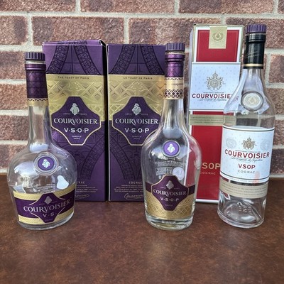 3 leere Courvoisier VSOP Cognac Box & Flasche, 700ml Original Korkenstopfen & Box.