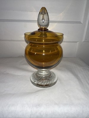 Amber Apothecary Jar Candy Dish Vanity Bath w/Bubble Pedestal & Clear Finial