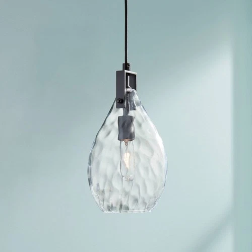Matte Black Mini Pendant Light 9" Modern Clear Water Glass Shade for Dining Room - Picture 1 of 5