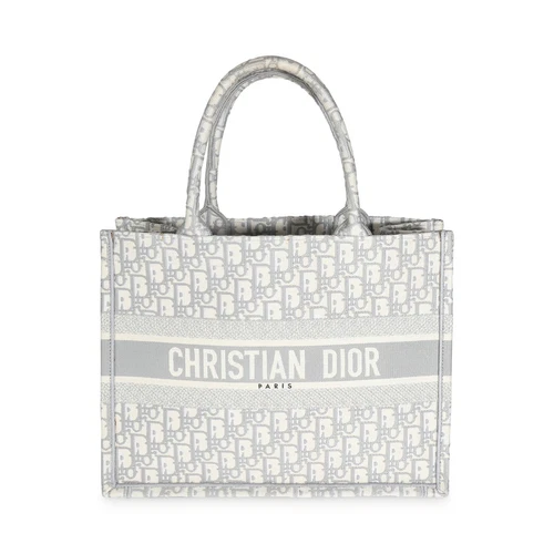 Sac fourre tout Christian Dior gris écru toile oblique livre moyen