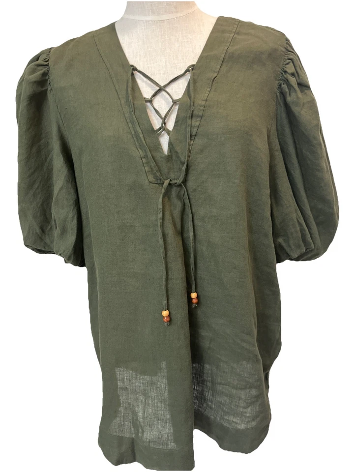 Blusa túnica campesina Lauren Ralph Lauren etiqueta negra para mujer verde 100 % lino usada en excelente estado Foto 3 de 4