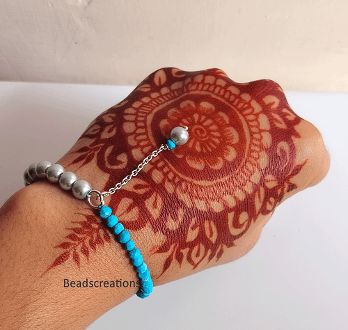 Smooth Silver Pearl and Turquoise Beads Necklace Multi Beads Jewelry Gift Her - Picture 2 of 4