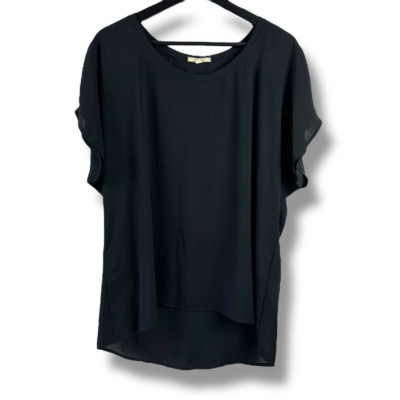 Pleione Size L Flutter Sleeve Chiffon Blouse Black Semi Sheer Flowy Casual Basic