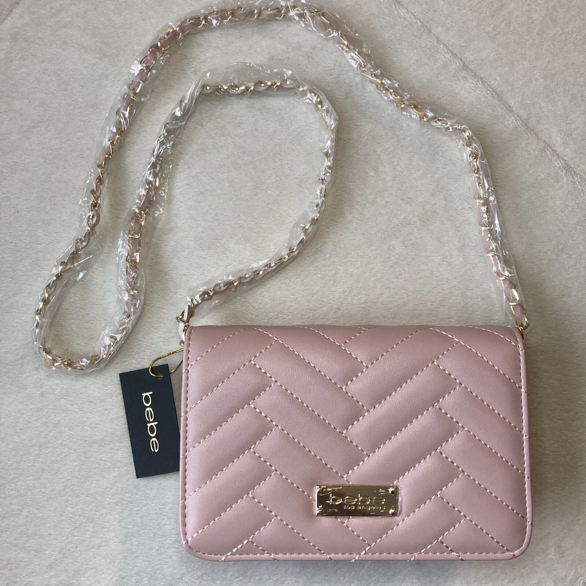 Bebe Sophia Small Crossbody Quilted Handbag Chain Purse Shoulder Bag Blush  Pink