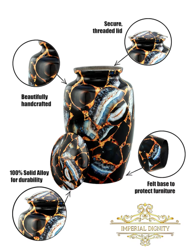Black Marble Urn - Metal Funeral and Memorial Cremation Urn for Human Ashes - Picture 5 of 5
