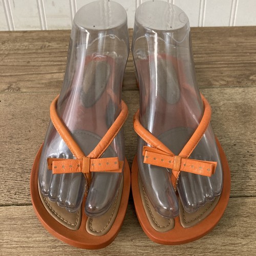 COLE HAAN Women's Size 6.5 Orange Leather Slide Strappy Flat Sandals Bow - Picture 2 of 10