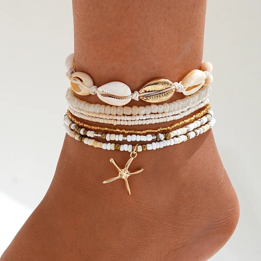 7pcs Boho Anklet Set with Starfish Shell Beads for Beach Summer Foot Jewelry