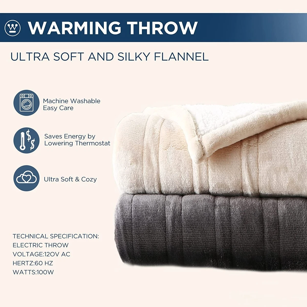 Westinghouse Heated Blanket Electric Throw Blanket with 10 Heating Levels 12 H