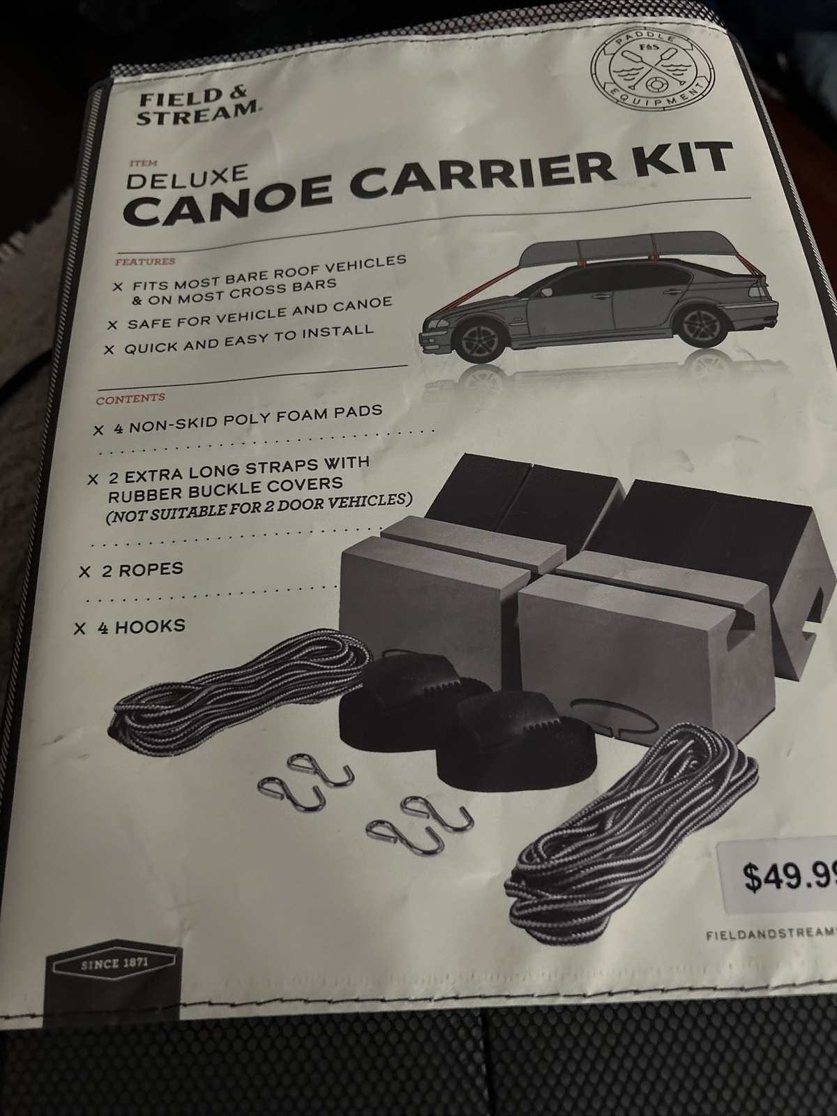 NEW - FIELD & STREAM DELUXE CANOE CARRIER KIT - FITS MOST VEHICLES & CROSS BARS