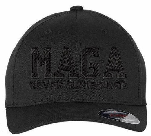 Make America Great Again MAGA Hat NEVER SURRENDER Flex Fit Hat w BLACK FLAG