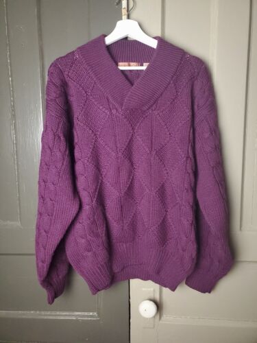 Pull tricoté câble vintage Henry Grethel prune violet 100 % laine L - Photo 1 sur 12