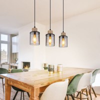 Pendellampe Esstischleuchte HäNgelampe Holz Rauchglas Wohnzimmerlampe 3 Flammig