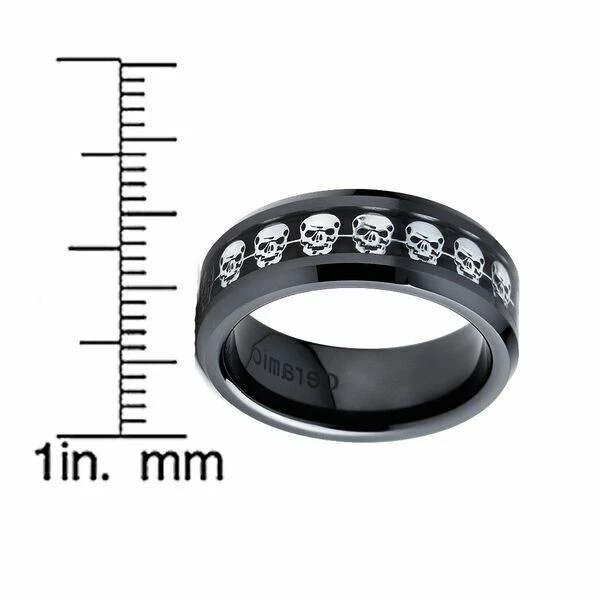 Anillo de boda de cerámica con incrustaciones de fibra de carbono con calavera de 8 mm para hombre Foto 4 de 4
