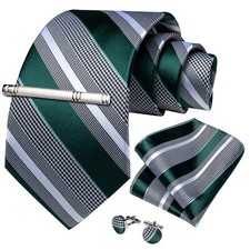 Men's Emerald Green Grey Striped Tie Silk Woven Necktie Pocket Square Cufflin...