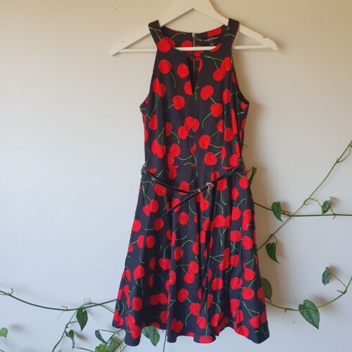 Caroline Morgan Cherry Print Belted Dress 8 Pockets A-Line Full Pinup Rockabilly - Picture 1 of 13