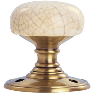 Porzellan Pilz Einsteck Türknauf Elfenbein Crackle Glasur Florentiner Bronze