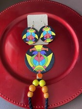 Wooden handcrafted colourful traditional necklace and earrings