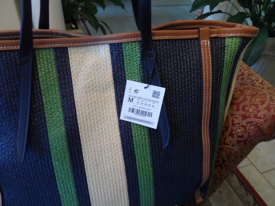 Nuevo Bolso Grande Zara Azul Rafia Multicolor Rayas con Borde de Cuero Sintético Foto 4 de 4