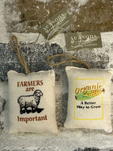 2010 Midwest Ornament Set Of 2 Feed Sacks Farmers Corn Seed Bags 3” x 2.5” - Picture 1 of 6