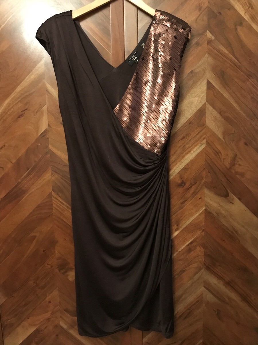 ted baker brown sequin dress WRAP SILKY JERSEY (SIZE 3) neck and back Centre