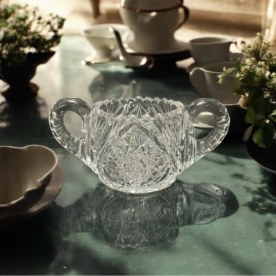 Vintage Brilliant Cut Crystal Sugar Bowl with Handles 6.5 x4  Rare Find