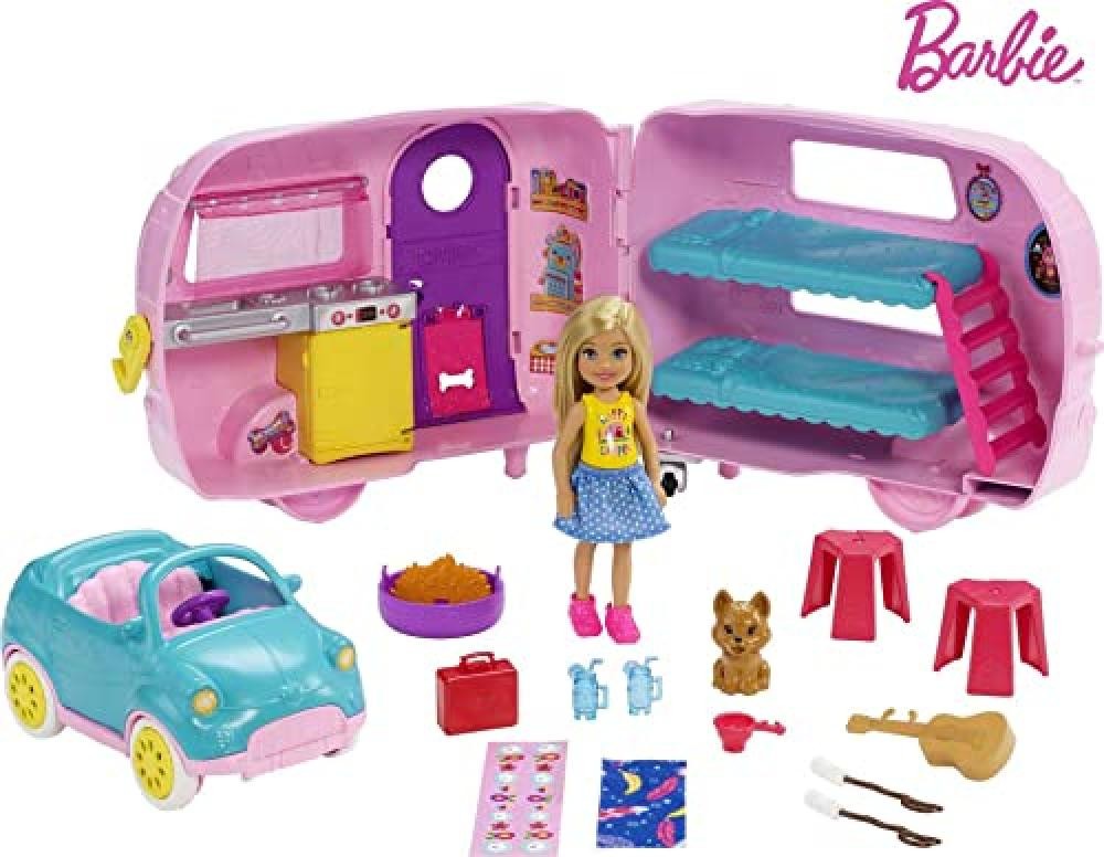 Barbie il Camper di Chelsea, Playset con Bambola, Veicolo, Roulotte e Tanti Acce