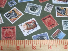 1 Yard New Cotton Fabric Safari Mail Animal Stamps on Green by Michael Miller