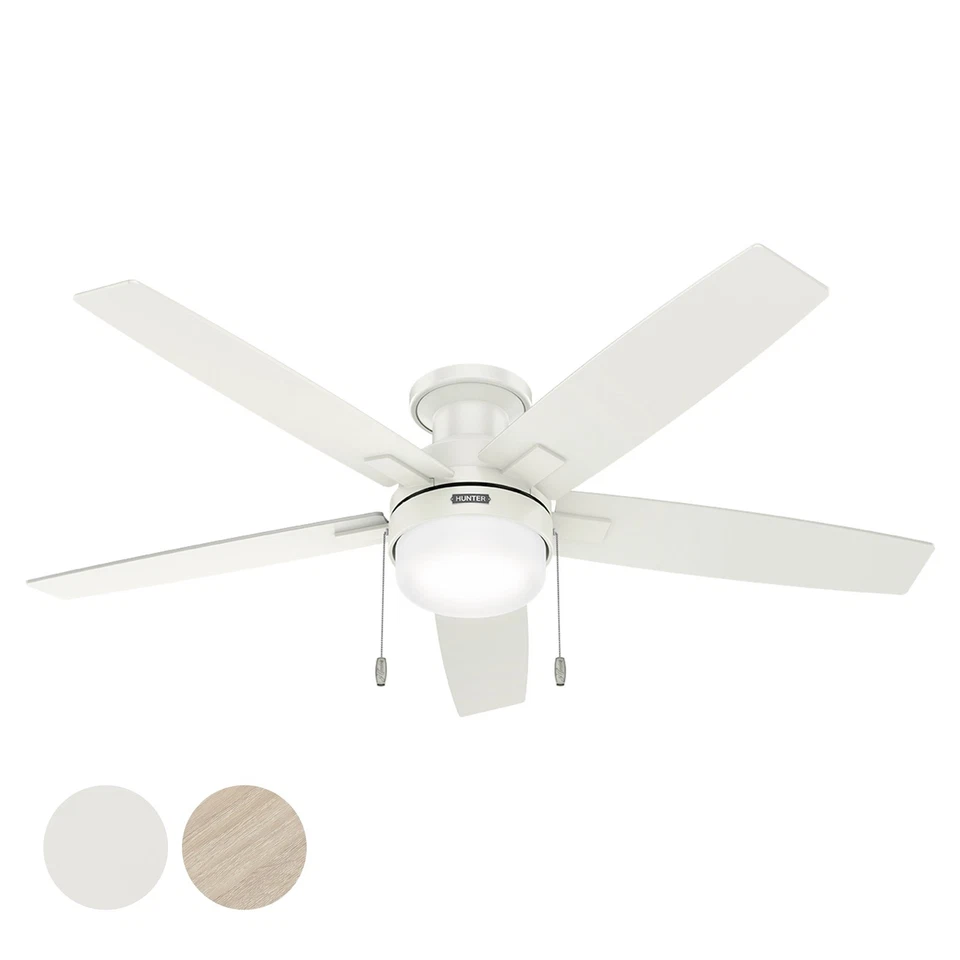 Hunter Fan 52 inch Low Profile Fresh White Ceiling Fan with Light and Pull Chain