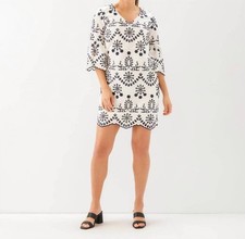 Karen Kane Flare Sleeve Embroidered Dress Cream With Navy